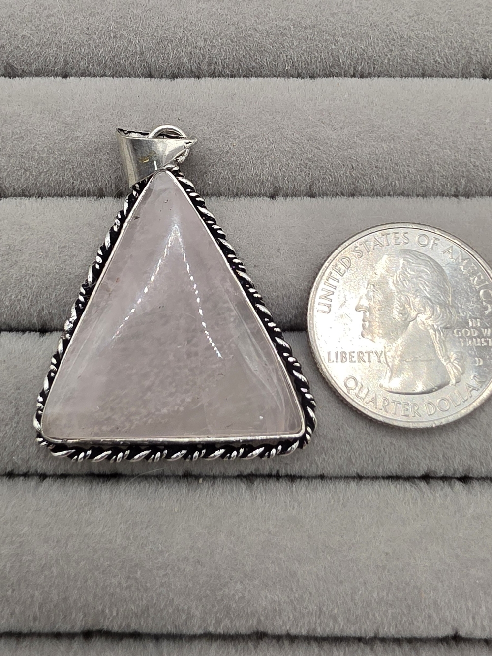 Silver Plated Triangle Rose Quartz Pendant in Light Pink